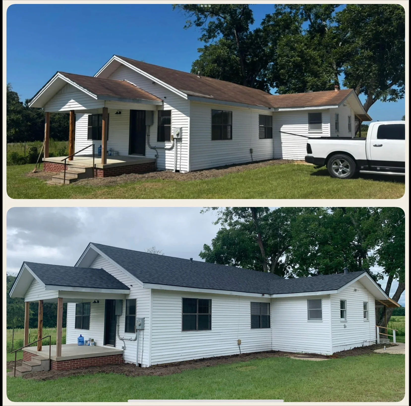 Before and after roof replacement and vinyl siding installation on residential home