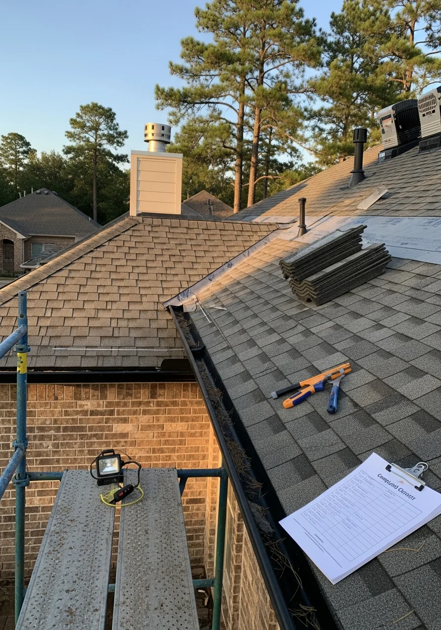 Certified technician in work uniform in front of a completed Kilgore project.