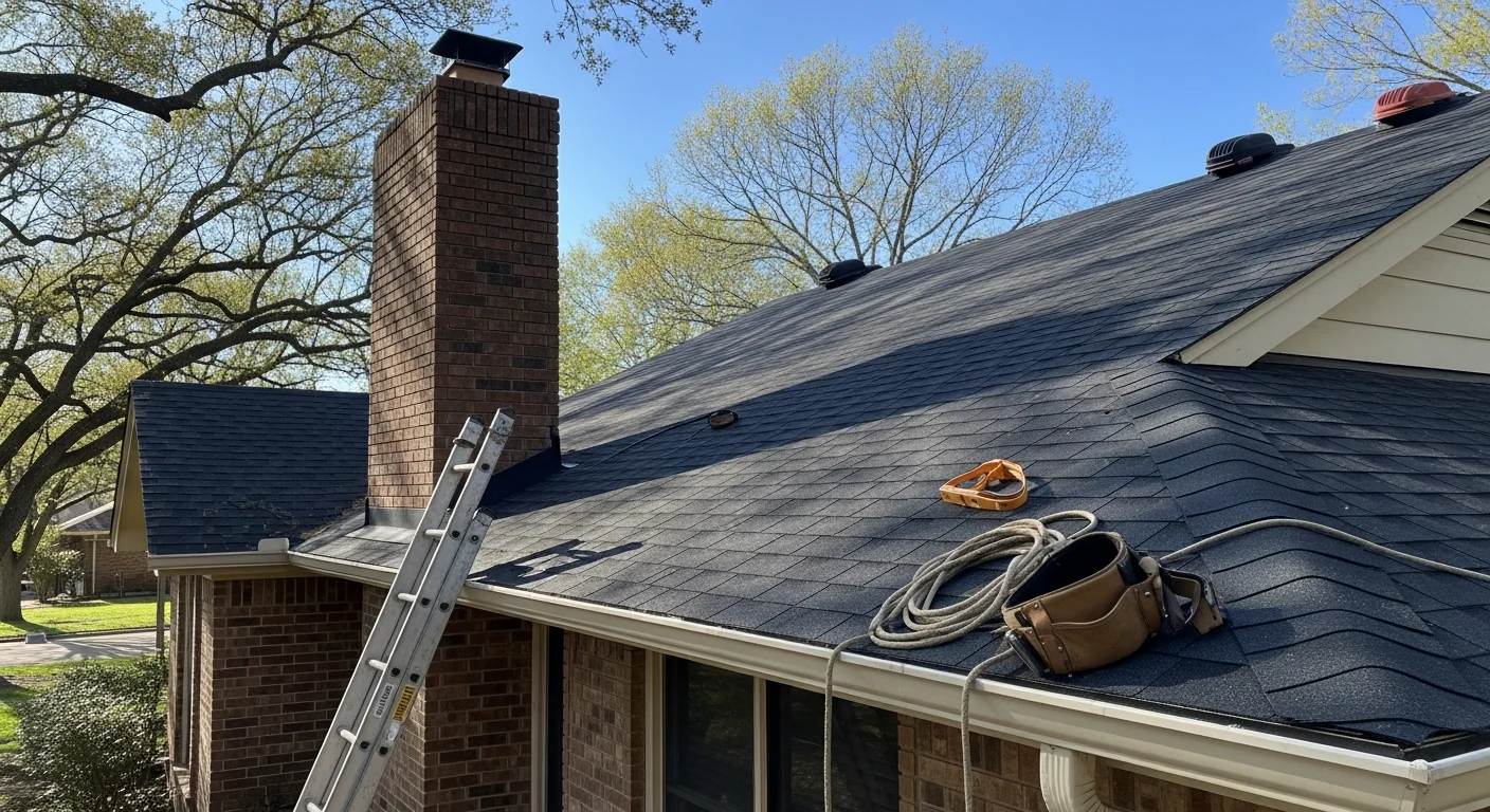 Professional service team working on a residential property in Longview, TX with clear blue sky.
