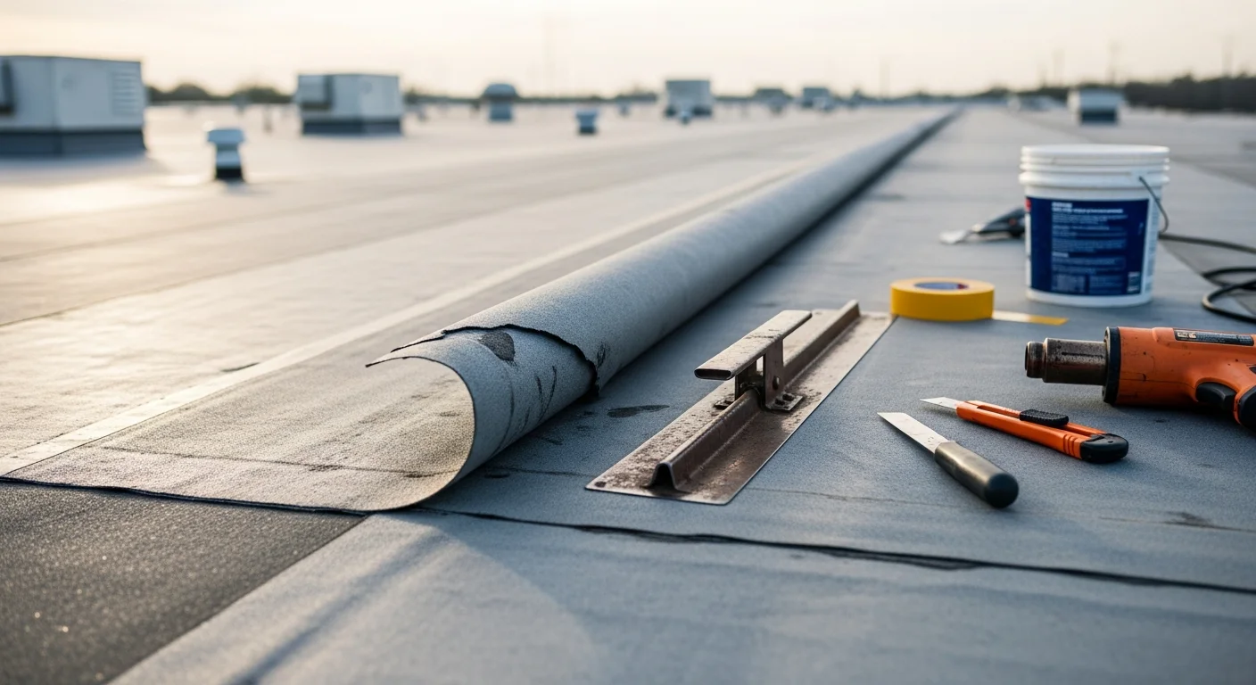 A commercial flat roof on a Longview, TX business building showing a completed membrane roofing installation with clean seams, sealed HVAC penetrations, and proper drainage scuppers. Patriot Restoration and Construction LLC commercial roofing work in Longview, Texas.