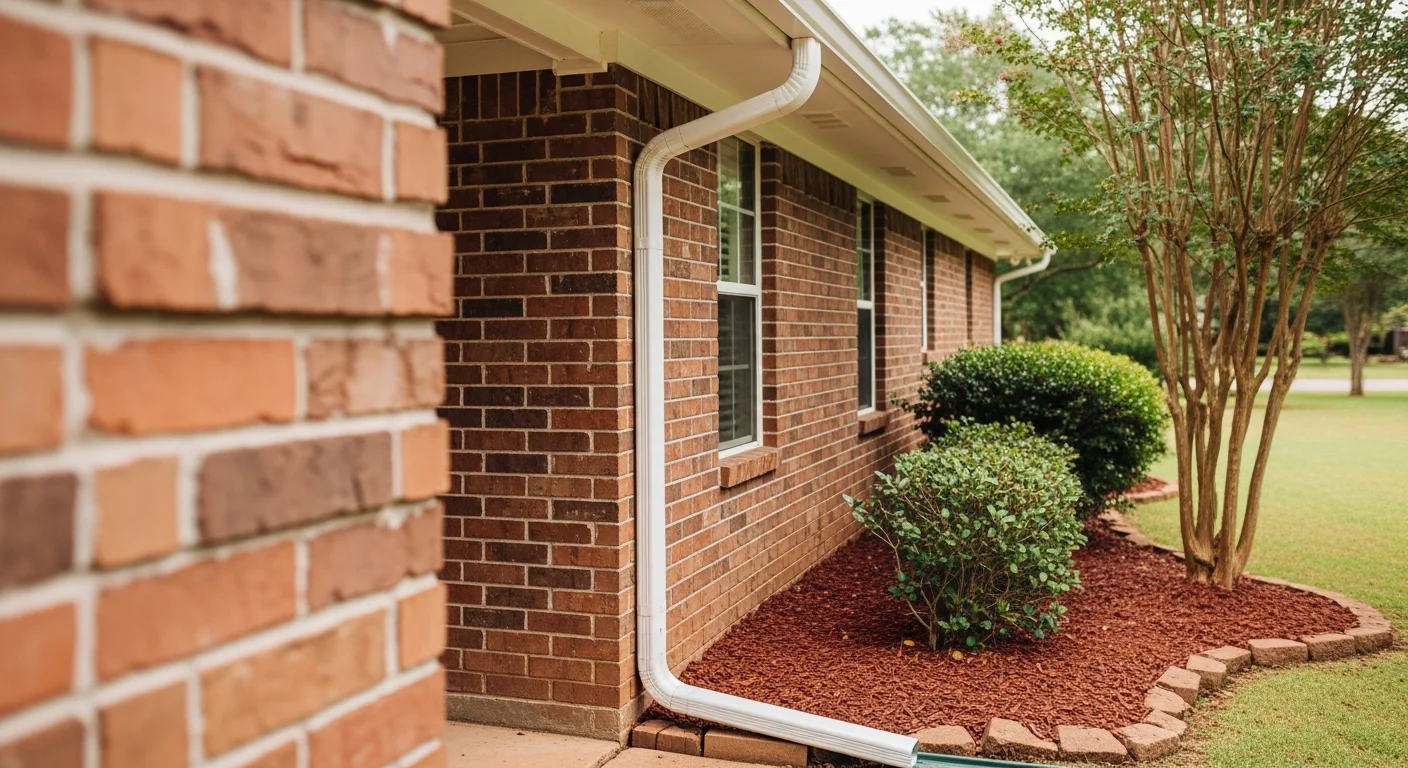 A newly installed downspout on a residential home in Longview, TX, directing water from the roofline gutter down and away from the foundation along a brick exterior wall. The downspout terminates at ground level with a splash block positioned on the lawn to disperse runoff.