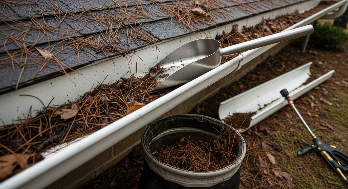 A Patriot Restoration and Construction LLC crew member removing packed pine needle and leaf debris from a residential gutter on a Longview, TX home. The downspout is being flushed to confirm clear drainage after cleaning.