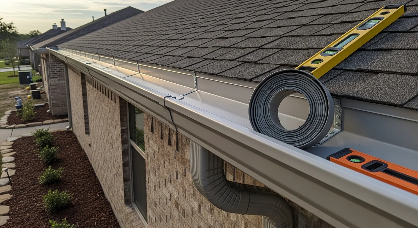 Newly installed gutters running along the roofline of a single-family home in Longview, TX, with downspouts directing water away from the foundation. The system is mounted flush against the fascia on a residential street in East Texas.