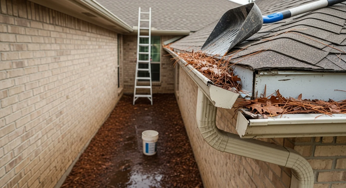 A Patriot Restoration and Construction LLC technician repairing a sagging gutter section on a residential home in Longview, TX. The repaired gutter run is flush against the fascia board with a clear pitch toward the downspout.