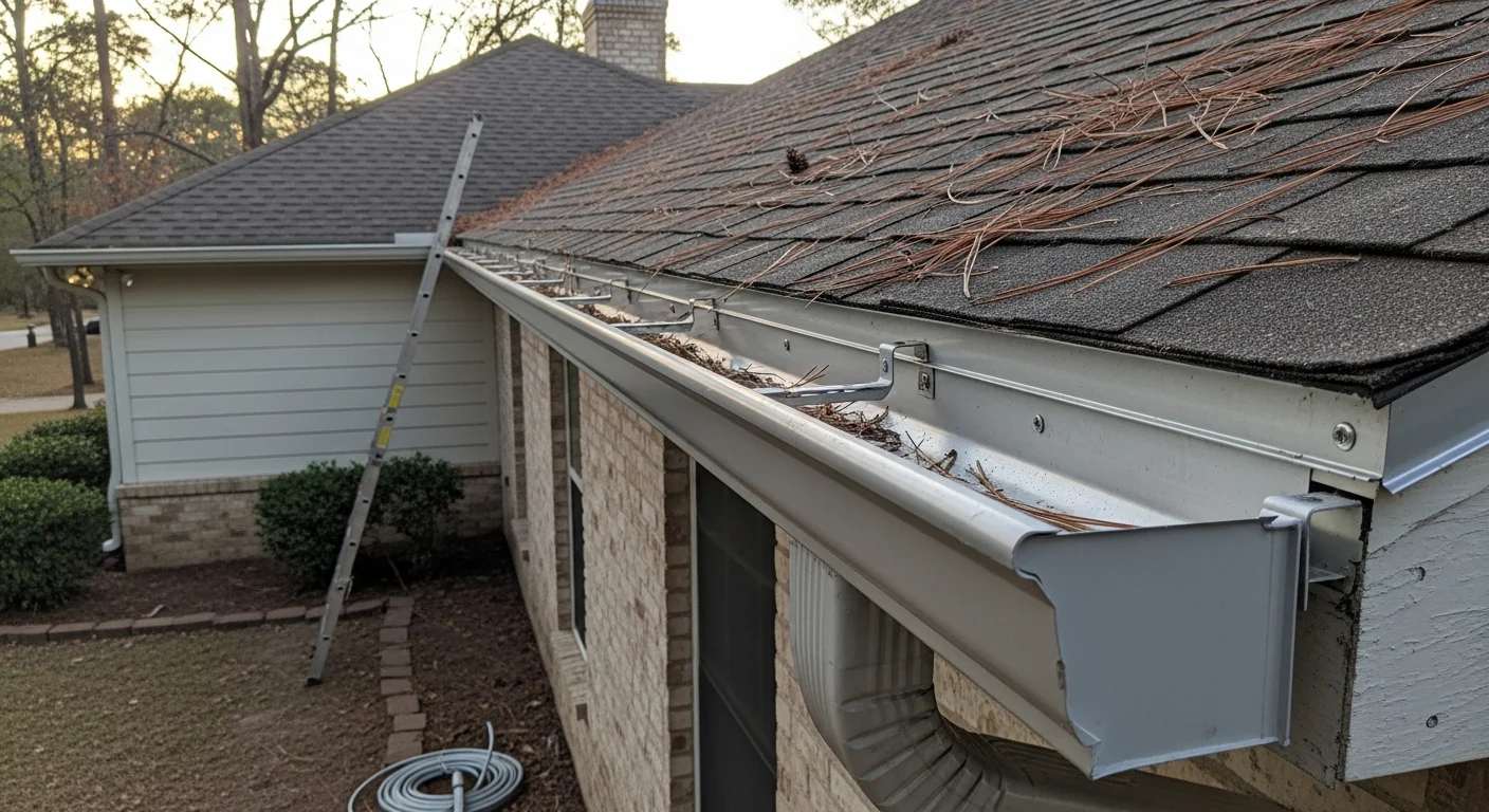 New gutters installed along the roofline of a single-family home in Longview, TX, with clean downspouts directing water away from the foundation. The replacement gutter system runs the full length of the eave on a traditional East Texas residential property.