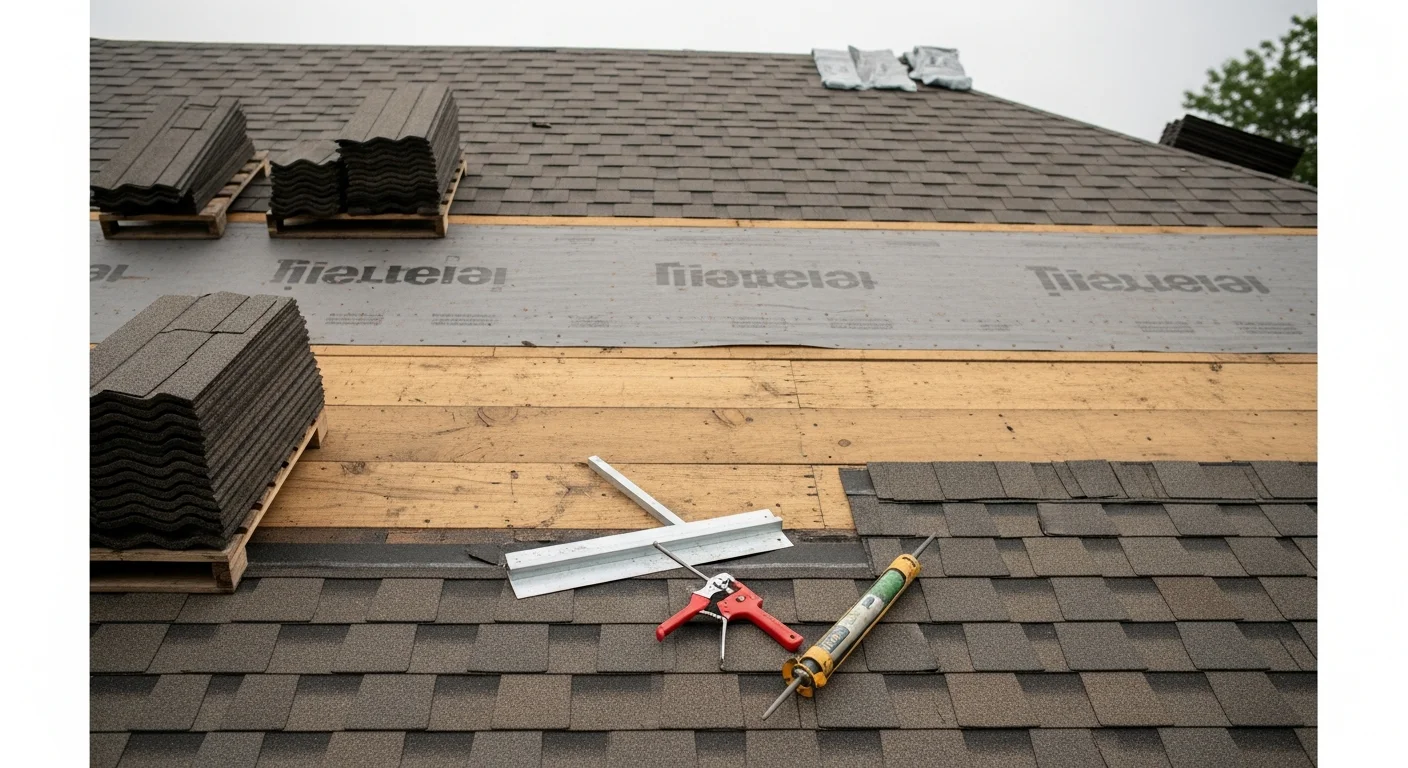 A completed residential roof replacement on a single-story home in Longview, TX, showing new shingles installed across the full roof deck with clean ridge lines and intact flashing around the chimney. The surrounding East Texas tree canopy is visible in the background.
