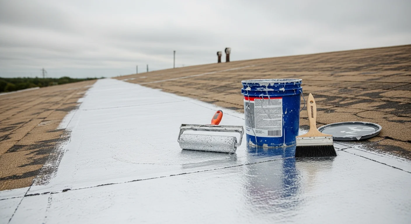 A flat commercial roof in Longview, TX with a freshly applied white reflective coating covering the entire surface. The seamless coating extends to the roof edges and surrounds rooftop HVAC units on a clear East Texas day.
