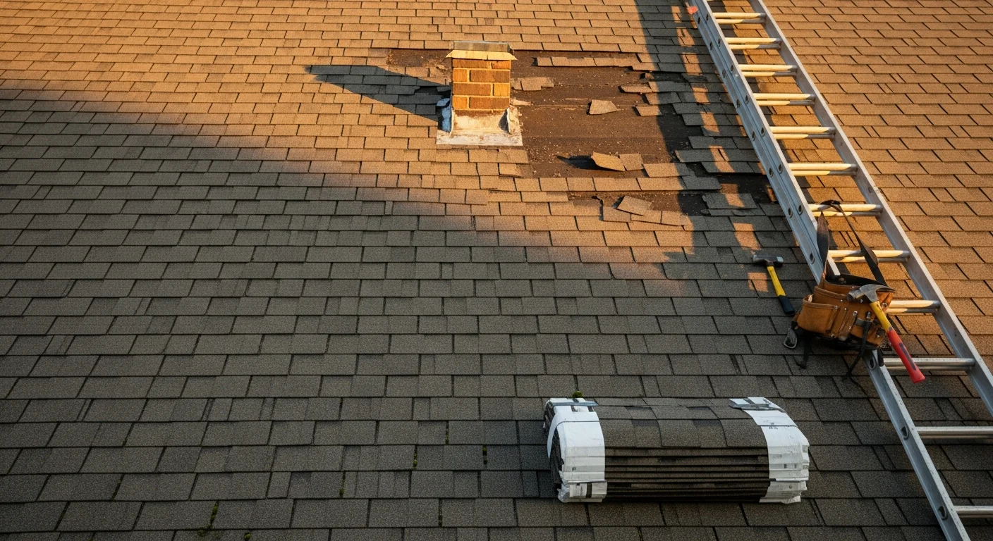 A Patriot Restoration and Construction LLC crew member inspecting storm-damaged shingles on a residential roof in Longview, TX. Close-up view shows granule loss and cracked shingles typical of East Texas hail damage.