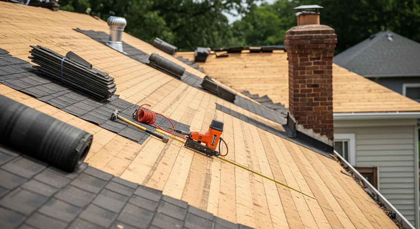 A completed residential roof replacement on a single-story home in Longview, TX, showing new roofing installed over a full deck with clean ridge lines and updated flashing. The finished roof sits against a clear East Texas sky following storm damage restoration.
