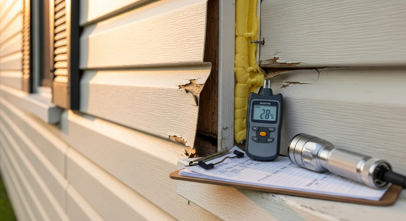 A siding contractor from Patriot Restoration and Construction LLC inspecting exterior panels on a residential home in Longview, TX for hail impact marks and loose sections. Close-up view of cracked vinyl siding along a wall seam showing visible storm damage on an East Texas home.