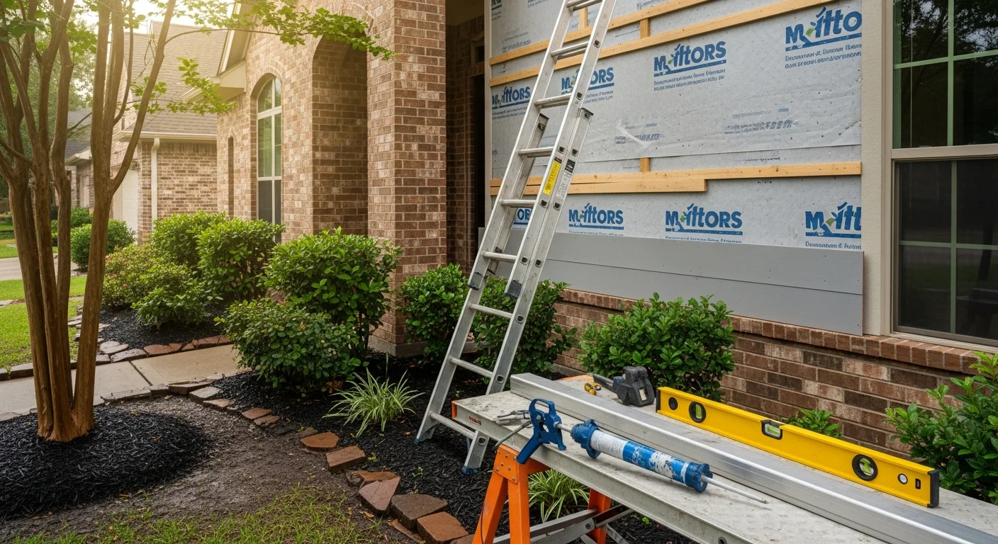 New siding installation on a single-family home in Longview, TX, with clean panel lines and a freshly finished exterior. The home sits in a residential neighborhood typical of East Texas, with mature trees visible in the background.