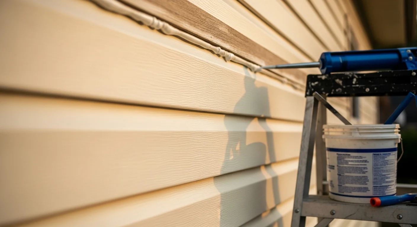 A Patriot Restoration and Construction LLC crew member inspecting and resealing siding panels on a residential home in Longview, TX. Close-up view shows repaired trim joints and clean panel edges on the home's exterior wall.