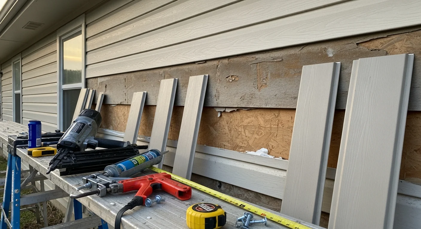 A Longview, TX home exterior showing freshly repaired siding panels with clean seams and no visible cracks or warping. The repair blends with the surrounding siding on a single-story residential home typical of the Gregg County area.